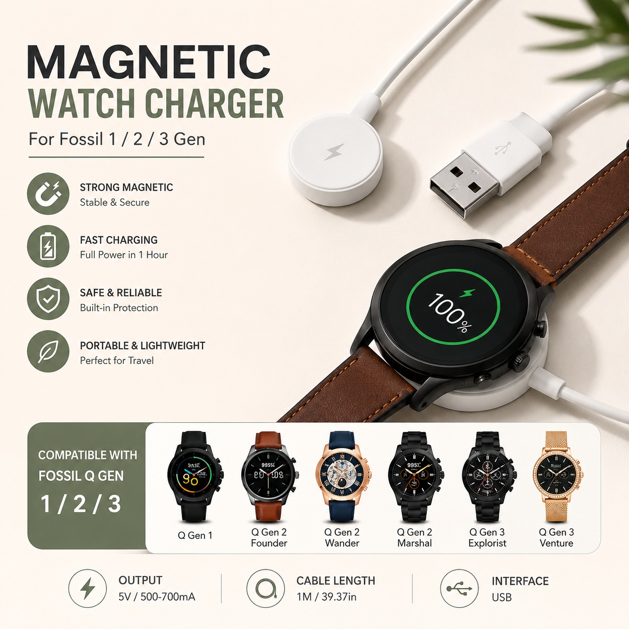 Fossil Watches Smartwatch Gen 3 - Adaptador de cargador de reloj USB,